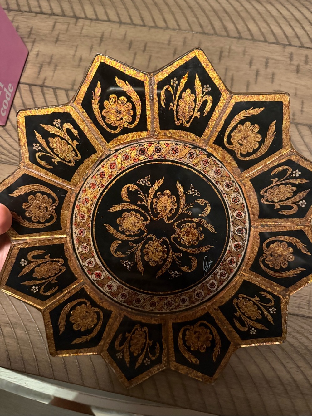 Vintage Authentic Robert M Weiss Reverse Painted Black and Gold Footed Plate